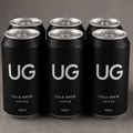 Six black cans of UG Cold Brew Coffee.