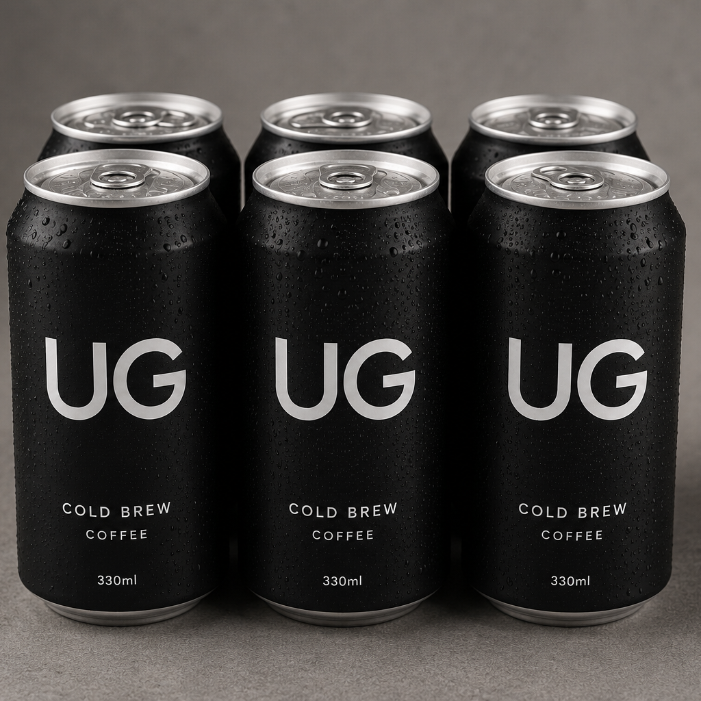 Six black cans of UG Cold Brew Coffee.