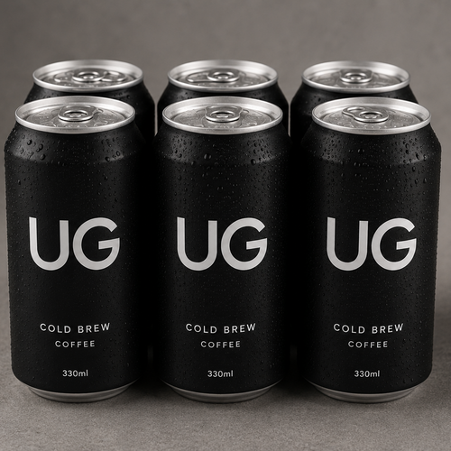 Six black cans of UG Cold Brew Coffee.